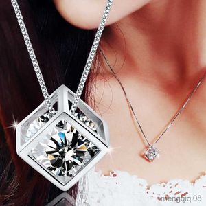 Évider Cube cristal pendentif collier pour femmes coloré zircone couleur or Rose chaîne tour de cou sur le cou bijoux