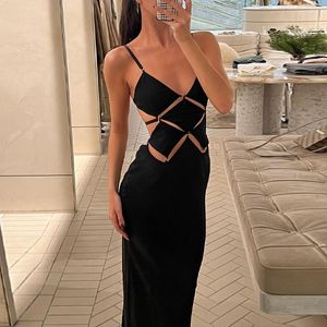 Hollow Out Cut Out Maxi Jurk Voor Vrouwen 2023 Nieuwe Elegante Spaghetti Band Mouwloze Backless Bodycon Slipdress Vestidos