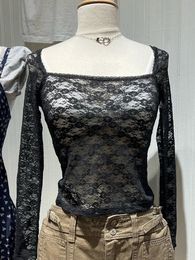 T-shirts en dentelle florale creux Femmes Collier carré d'été noir Sexy See-Through à manches longues
