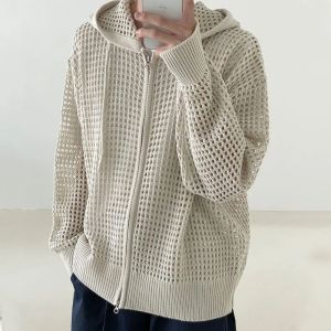 Veste en tricot ajouré pour homme, cardigan à capuche, manches longues, protection solaire, version coréenne, design tendance
