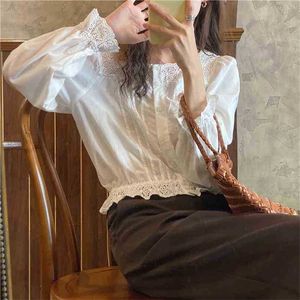 Hollow Out Lace High Taist Chic Sreetwear Shirts Women Ol Vente Sweet Patchwork Square Collar Blans 210525
