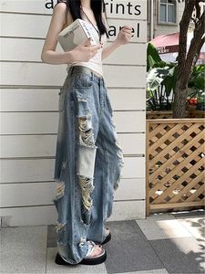 Jeans déchirés creux décontractés midwaïstes pantalon de la jambe large 2024 Automne Spring Fashion Streetwear 240523