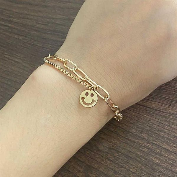 Pulsera de mujer con colgante de perlas y letras con cara sonriente ahuecada, temperamento de hip-hop, accesorios de mano para estudiantes, cadenas doradas, Bracele295y