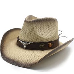 Hollow Out Straw Western Cowboy Hat pour hommes femmes Summer Curling Brim Beach Sun Suns Panama Cowgirl Chapeaux de pêche extérieure