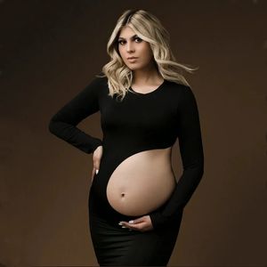 Uitgeholde rekbare zwangere vrouw vestidos voor Pography lange mouw moederschap Po Shoot-jurk 240321