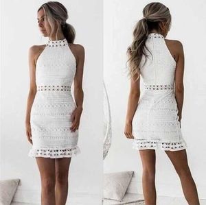 Uitgeholde witte jurk sexy vrouwen mini chiffon duik ronde hals mouwloos gehaakt kant zwarte casual jurken4504840