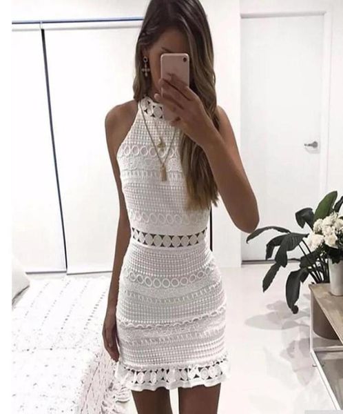 Vestido blanco ahuecado para mujer, minivestido Sexy de gasa con cuello redondo, sin mangas, encaje de ganchillo, vestidos informales negros 5892388