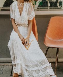 Hollow Out White Sexy Women Long Criss Criss Cross Semisher Plunge Vneck Korte Mouw Lace Maxi Dress Y2008056120361