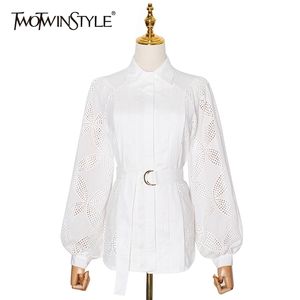 Holle witte shirt voor vrouwen revers lange mouw sjerpen patchwork geplooide blouse vrouwelijke mode stijl 210524