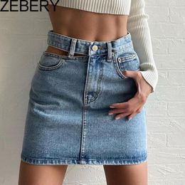 Hollow -out dames jeans rokken schede zip knop denim rok 2021 zomer vrouwelijke zoete kleding high wacht mini