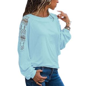 Creux plaine hauts t-shirt femmes dentelle Patchwork haut d'automne dames à manches longues t-shirts femme printemps décontracté grande taille t-shirt femme