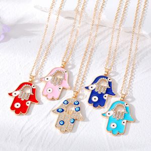 Holle Retro Boze Oog Hamsa Hand Ketting Voor Vrouwen Emaille Zirkoon Boho Etnische Turkije Blue Eye Fatima Hand Trui Chians Sieraden