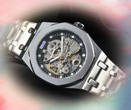 Hollow Skeleton Men Automatic Date Watchs Stopatch Stopatch Solid Fine Fine en acier inoxydable Mouvement mécanique auto-enroulement Natation Scanning Ticking Super Wristwatch