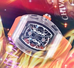 Squelette creux Transparent hommes automatique mouvement à Quartz montres chronomètre 43mm bracelet en caoutchouc affaires Sports glacé cristal miroir montres cadeaux