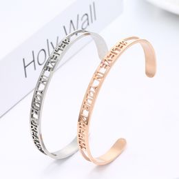 Hollow roestvrijstalen bangle armbandbrief geloof dromen writaband manchet dames mode sieraden wil en zandig