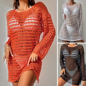 Hollow Summer Sexy Bikini Cover Up O-Neck Long Sleeve Crochet Beach Jurk Solid Color See-Through Swimsuit voor vakantie