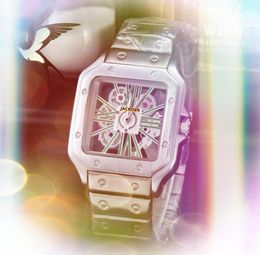 Hueco Transparente Cuadrado Romano Dial Automático Fecha Hombres Relojes Moda de lujo para hombre Caja completa de acero inoxidable Movimiento de cuarzo Reloj Oro Plata Reloj de pulsera de ocio