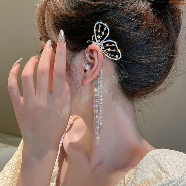 Boucles d'oreilles papillon ajourées pour femmes, strass brillants, Long pampille, Clip d'oreille, perle sans crochet d'oreille percé, bijoux cadeau
