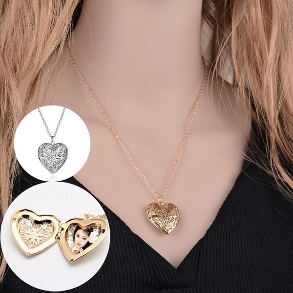 Creux amour coeur médaillon pendentif collier pour femmes hommes mode or argent couleur ouvrable Po cadre Couples cadeau colliers