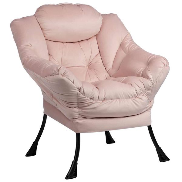 Chaise paresseuse surdimensionnée en tissu de coton Hollyhome ?Chaise moderne en vedette, canapé de loisirs à cadre en acier unique avec accoudoirs et poches latérales, rose 27,56D 31,5W X