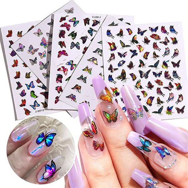Calcomanías holográficas de mariposa para uñas, calcomanías autoadhesivas para uñas láser para mujeres y niñas, decoración de manicura de mariposas coloridas