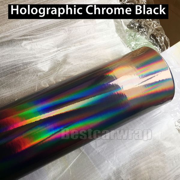 Película de vinilo holográfica cromada negra para envoltura de automóvil con burbuja de aire Rainbow Neo envoltura cromada negra que cubre lámina tamaño 1 52x20m Ro208W