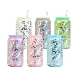 Holografisch Glitter Luipaard 16oz Glazen Bekers Mason Tumbler Sappot Ijsdrank Smoothie Drinkbier Kan Glazen Beker Koffiemokken Met Plastic Deksels En Rietjes 11.2