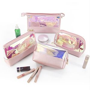 Trousse de maquillage holographique avec fermeture éclair, trousse de toilette pour femmes, sacs à cosmétiques de voyage portables, pochette de maquillage transparente en TPU, organisateur