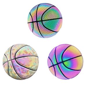 Holografische reflecterende basketbalbal PU-leer Slijtvast Kleurrijk Nachtspel Straat Gloeiend basketbal met luchtnaalden 231220