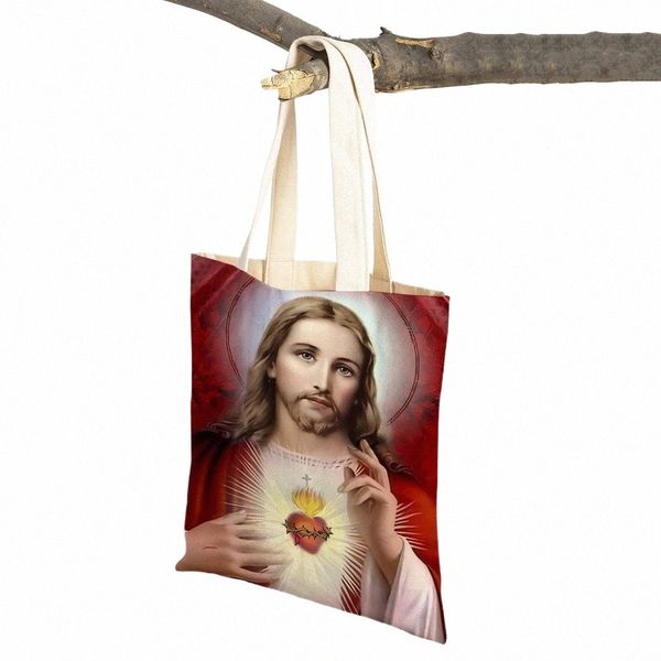leader de la lumière sainte Christ Jésus Print Lady Shopper Sac Vintage Tote Handbag Carto Sauveur Réutilisable Toile pliable Sacs de boutique T9EF #