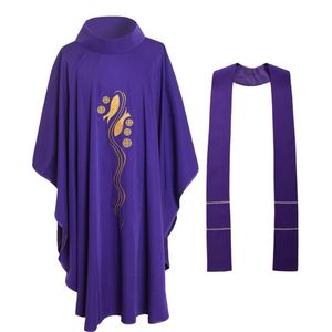 Costumes de religion sacrée pour le clergé Prêtre de l'église violette Chasuble catholique avec col roulé Vêtements brodés de poisson 3 Styles237c