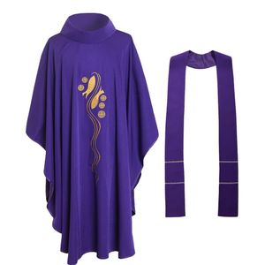 Costumes de religion sainte pour le clergé Prêtre de l'église violette Chasuble catholique avec col roulé Vêtements brodés de poisson 3 Styles335o