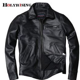 Holyrising echte lederen jas Classic Black Cowhide Jacket -stijl Pea Coat Fashion Jacket voor man plus size 19182 LJ201029