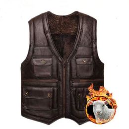 Holyrising Mens Luxury Full Sheepskin Cuir Gilet Moto Gilet pour hommes Poches Noir Marron Plus Manteau en cuir Veste d'hiver 201127