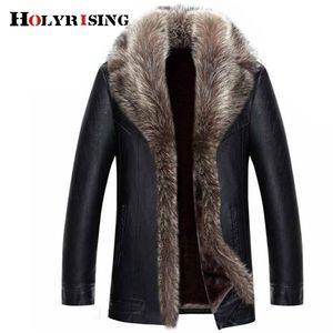 Holyrising Réel Col De Fourrure De Raton Laveur Hommes Faux Cuir Vestes D'hiver Épaissir Manteau jaqueta de couro chaqueta Hommes PU En Cuir 18536-5 211201