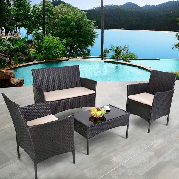 Set de mimbre de silla de ratán de patio de 4 piezas, muebles de balcón junto al jardín de porche de uso interior de uso interior (negro y bei (negro y bei