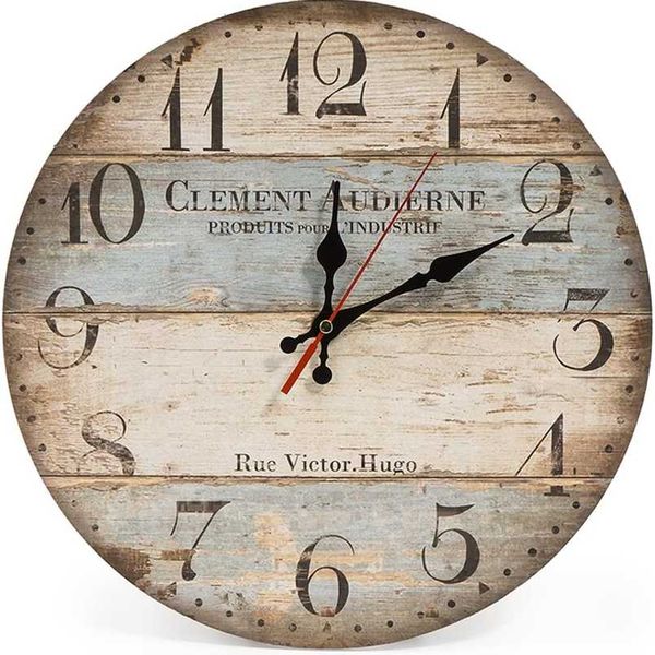 Reloj de pared redondo de madera Vintage silencioso de 12 pulgadas para el hogar, números arábigos, decoración elegante rústica Vintage, reloj de pared mecánico para sala de estar 211110