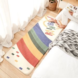 Thuis slaapkamer lange strip tapijt cartoon regenboog kinderen kawaii harige schattige tapijt levende ingang antislip deurmat 220301