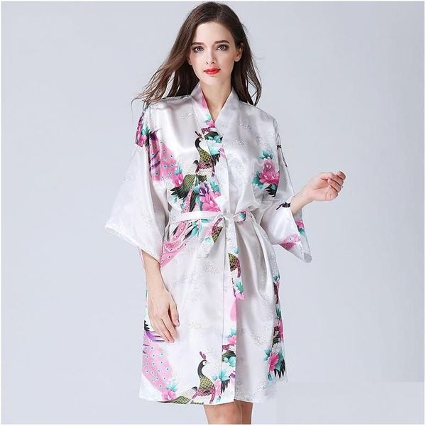 Home Kleding 14 kleuren Sexy Womens Kimono Robe Pyjama Printing Flower Vneck Losse mouw Nachtkleding met riem Dh0669 Drop Delivery Dhgwh