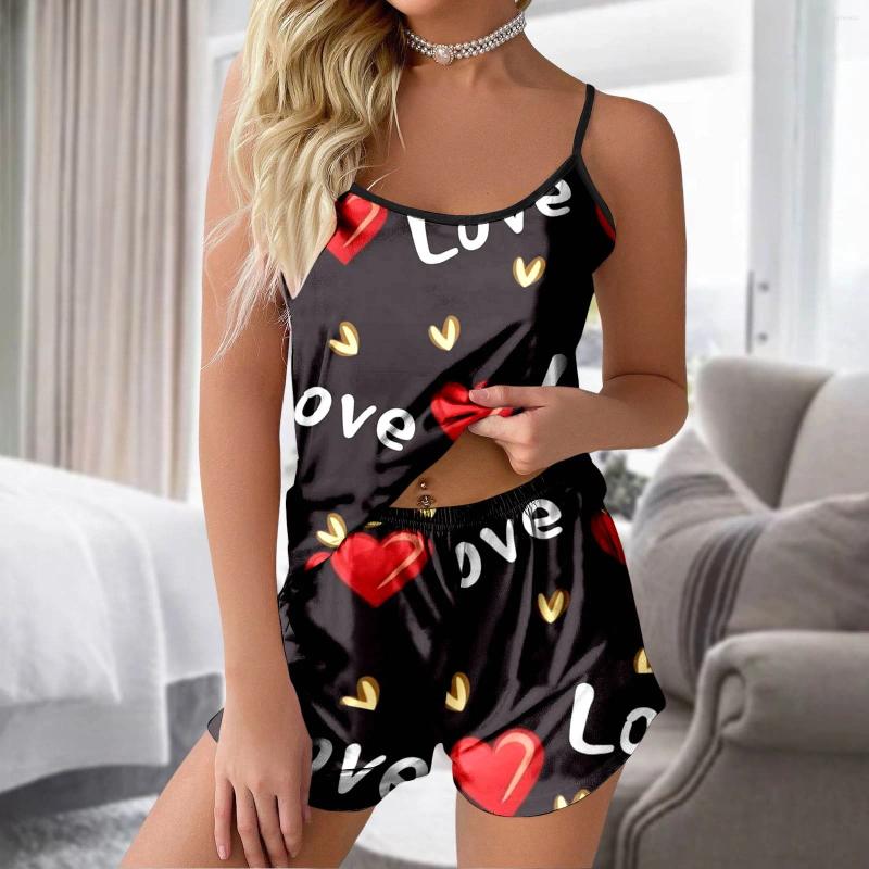 Ev kıyafetleri 2 adet kadın kalp baskılı seksi komik pijama şort kolsuz üst pijamalar gündelik ipek saten pijama 2024