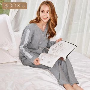 Home Kleding 2024 Herfstmerk Huiskleding Women Casual Pyjama Sets vrouwelijke lange mouw V-hals hokhemdbroek Ladies Katoenen slaapkleding Pak