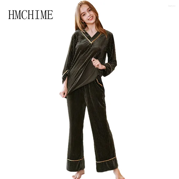 Vêtements à domicile 2024 automne deux pièces en velours femmes pyjamas sets v cou pijama mujer costumes doux élégant femme sommifhear femme pyjama set