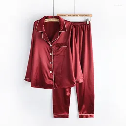 Thuiskleding 2024 Autumn dames dames sexy satijnen zijden pyjama sets met lange mouwen broek slaapkleding mujer nachtkleding roze pyjama femme