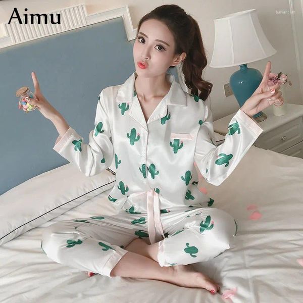 Vêtements à domicile 2024 Automne Femmes Mesdames Sexy Satin Silk Imprimer Pajamas Ensembles Pantalons à manches longues Pijama Mujer Nightwear Pyjama Femme