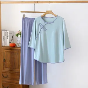 Home Clothing 2024 Chinese pyjama's pyjama's modale driekwart mouwen mouwen enkellengte broek loungewear zomer dun met borstkussentjes