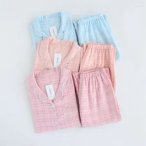 Vêtements à domicile 2024 Coton Souchés à manches courtes Femmes d'été Pyjama Set Girls Palf feuille Plaid Long Pantal