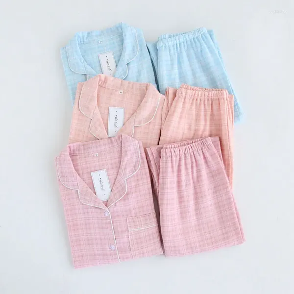 Vêtements à domicile 2024 Coton Souchés à manches courtes Femmes d'été Pyjama Set Girls Palf feuille Plaid Long Pantal