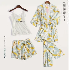 Home Kleding 2024 Fashion Spring Summer dames vierdelige pyjama's dames banaan print ijs zijden slaapkleding pak vrijetijd nachtkleding