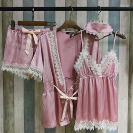 Home Clothing 2024 Fashion Summer Women's V Collar Satin Lace Pyjamas 4 -delige shorts set slaapkleding dames korte mouw zijden nachtkleding