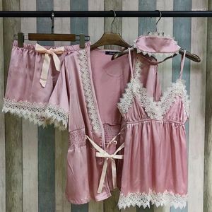 Vêtements à domicile 2024 Fashion Summer Women's V's Collar Satin Lace Pyjamas 4 pièces Shorts Set Vignes de sommeil